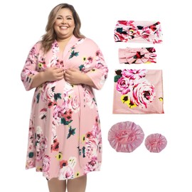 SUFEINI Plus Size Maternity Robe and Matching Baby Swaddle Blanket Set, Mommy Robe with Receiving Blanket Girls Boys Sleepwear (US, Alpha, X-Large, Plus, Regular, PZA01 Pink)