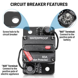 RED WOLF 2pcs 60A Circuit Breaker Waterproof Car Audio Inline Circuit Breaker with Manual Reset Fuse Holder Inverter,for Car Motor Marine Boat,for Car Audio Solar Inverter System Protection,DC 12V-48V