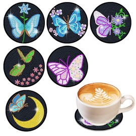6 Pcs Diamond Art Painting Coasters, Diamond Art Coasters Kits, 5D Round Butterfly DIY Diamond Arts and Crafts Painting Coasters with Painting Tools and Acrylic Diamond, for Adults Kids