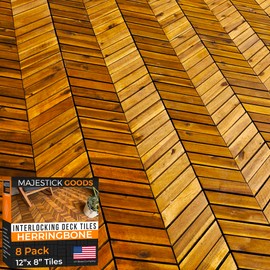 Interlocking Deck Tiles 12" x 8" Herringbone 6 Sq Ft - Non-Slip Acacia Wood Outdoor Tiles for Patio - Decking, Porch and Balcony Flooring Tiles - Easy to Install Wooden Deck Tile Pavers (8 Pack)