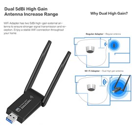 Mokeum USB WiFi Dongle 1300Mbps, WiFi Adapter 802.11 AC Dual Band 5GHz/2, 4GHz Fast 3.0 High Gain 5dBi with Double Antenna Network Adapter for PC Desktop Laptop Supports Windows Mac and Linux