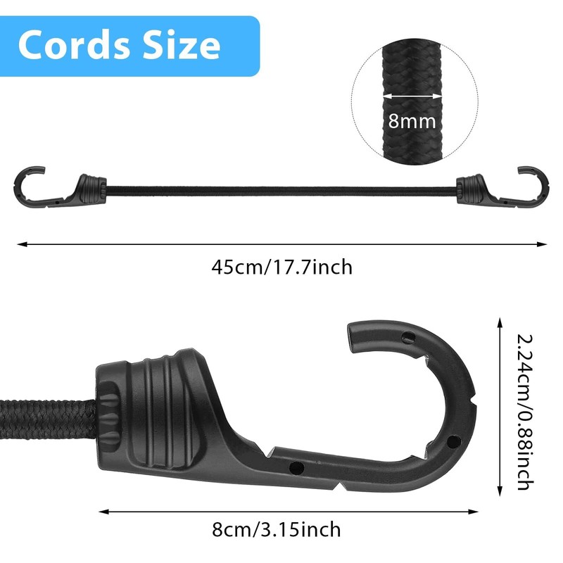 45cm Elastic Bungee Cords, 2Pcs Black Bungee Straps Heavy Duty