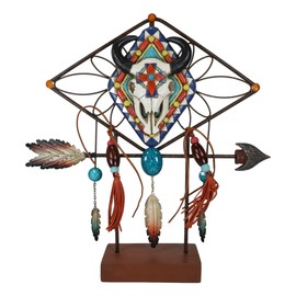Ebros Gift Southwestern Boho Chic Turquoise Vector Symbols Native American Indian Bison Cow Skull with Beaded Feathers and Spirit Arrow Desktop Plaque Sculpture Figurine with Base Stand