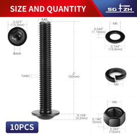 M6 x 50mm Flanged Button Head Socket Cap Screws Bolts, Nuts, Flat & Lock Washers, 10Pcs 18-8 (304) Stainless Steel, Fully Threaded, Black Oxide by SG TZH (with Hex Spanner)