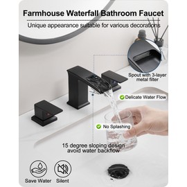HOIGY Waterfall Bathroom Faucet, Brass Widespread Black Faucet Bathroom, 4-8 Inch Bathroom Sink Faucet 3 Hole, Bathroom Faucets 2 Handles with Water Hoses & Pop-Up Drain for Lavatory Farmhouse