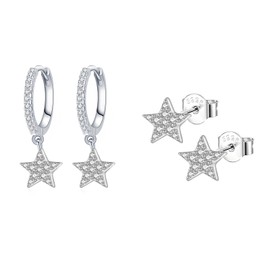 Epoch World 2 Pairs of Women's Earrings Silver 925 Star Hoop Earrings with Pendant Star Silver Earrings Hanging Drop Cartilage Stud Earrings Silver Small Earrings Cubic Zirconia for Women Girls