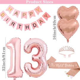 13th Birthday Party Decorations Hello Thirteen Party Balloons 13th Birthday Tiara Sash Happy Birthday Banner for 13 Year Old Girls Birthday Party Favor Supplies