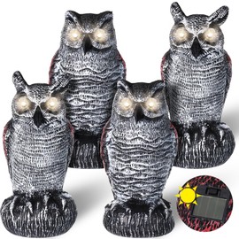 Qualirey 4 Pcs Fake Owl Decoys to Scare Birds Away with Glowing Eyes Battery Operated Fake Plastic Horned Owl Bird Scarecrow Decoy Bird Repellent Large Pigeon Deterrent for Yard Garden