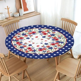 4th of July Round Fitted Tablecloth with Elastic Edge,Water-Resistant Picnic Patriotic Independence Memorial Day Table Cover for 40-44" Found Tables Red White Blue Table Cloth for Outdoor,Patio
