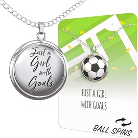 Happy Kisses - Collar giratorio de pelota de fútbol para niñas amantes del fútbol | Colgante "Just A Girl With Goals" | Regalo perfecto para madres de fútbol y jugadores, 15" to 18", Metal, Sin piedra preciosa