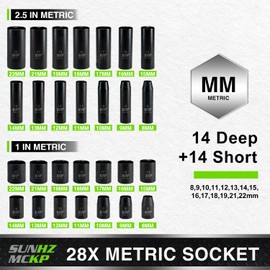 SUNHZMCKP 3/8" Drive Impact Socket Set, 52 Piece Standard SAE (5/16-3/4 inch) and Metric (8-22mm) Shallow & Deep 6 Point Sockets, 3/8-In Ratchet Handle, Extension Bars, Adapters, Universal Joint, CR-V