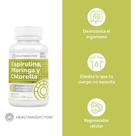HEALTHADDICTION - 2 Pack Complejo de Espirulina, Chlorella y Moringa, Suplemento Alimenticio - Tabletas de 500mg, 180 Unidades - Toma 3 Cápsulas Diarias
