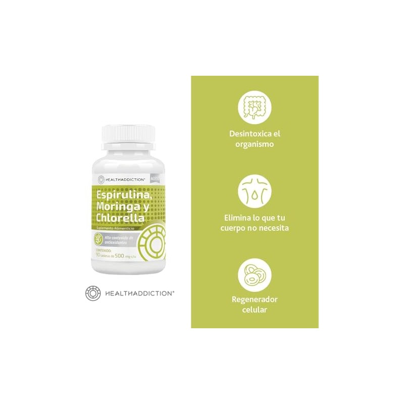 HEALTHADDICTION - 2 Pack Complejo de Espirulina, Chlorella y Moringa,