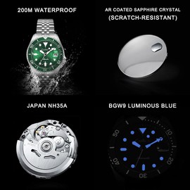CADISEN Automatic Watch Men's Mechanical Automatic Watch NH35 Sapphire Glass Leisure Waterproof, Green, Bracelet