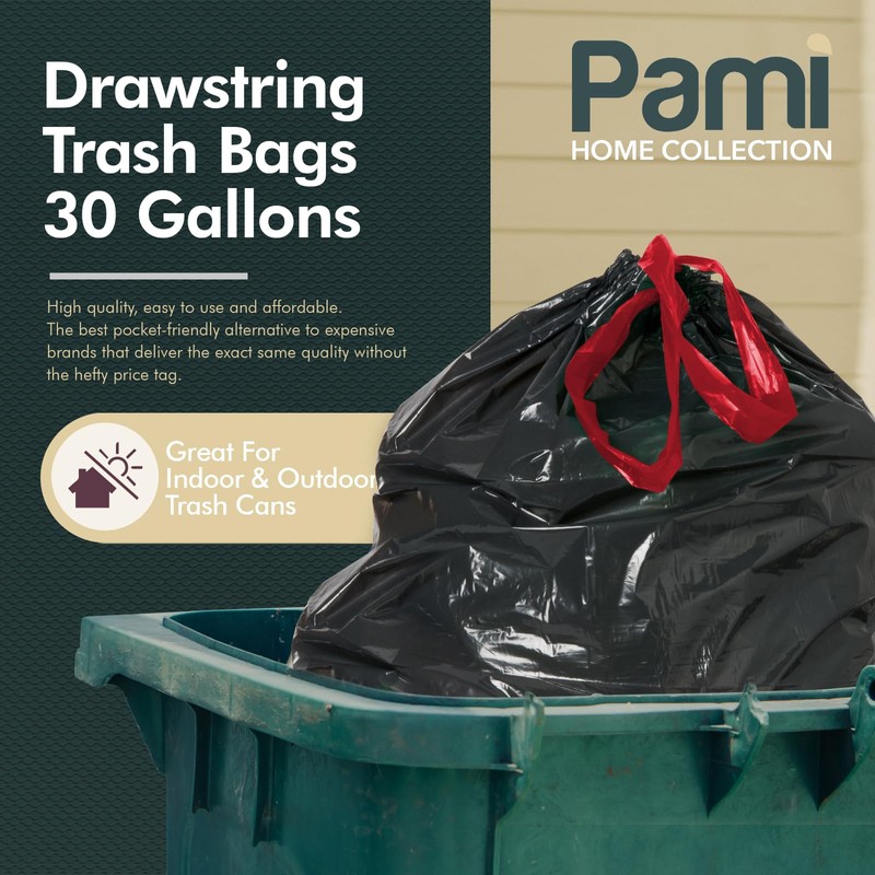 PAMI Large 30-Gallon Drawstring Trash Bags [35-Pack, Black] - Multipurpose