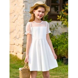 Haloumoning Girls Contrast Mesh Puff Short Sleeve Dress Kids High Waist A Line Casual Dresses with Pockets 4-14 Years White