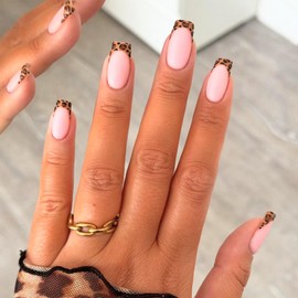 IMRAIN Short Press on Nails Square Fake Nails Leopard Print French Tips Glue on Nails Full Cover Nude Matte Artificial Squoval False Nails Stick on Nails for Women Girls 24Pcs