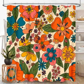 Hippie Floral Shower Curtain, Retro 70s Vintage Orange Daisy Groovy Cute Flower Aesthetic Boho Funky Trippy Colorful Waterproof Fabric Bath Shower Curtain Set with Hooks, 72"x78" Inch