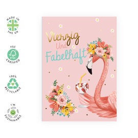 Central 23 40th Birthday Card For Her - Forty and Fabulous - Pink Greeting Card for Mum - Pretty Birthday Cards for Women - Flamingo Design - With Sticker