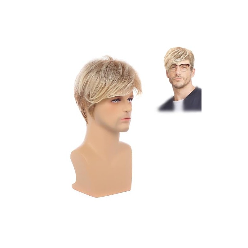 Peluca Corta Rubia en Capas, Tamaño Ajustable, con Gorro para