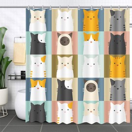 MEHOFOND 72x72inch Hand-Painted Cartoon Shower Curtain Cute Cat Fun Colored Checkered Painting Shower Curtain Liner Home Bathroom Bathtub Decoration Durable Polyester Material With 12 Hooks