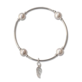 Made As Intended Smaller Bead White Pearl Blessing Bracelet with Sterling Angel Wing Charm, Large Size