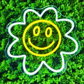 Daisy Smile Face Neon Sign for Wall Decor Dimmable Sunflower LED Neon Light for Bedroom Wall Deocration USB Powered Smile Light Up Sign for Kid’s Room Bar Party Wedding Christmas Gift (13.4in*13in)