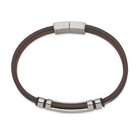 Auriga Fine Jewelry Stainless Steel Polished Brown Leather with Black Rubber ID Bracelet 8.25"