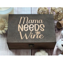 Mama Needs Wine' Whimsical Script Engraved Box with Decorative Flower, Perfect Gift for Wine Enthusiasts, Special Occasion Wooden Tribute, Unique Celebratory Keepsake.