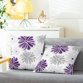 CaliTime Throw Pillow Cases Pack of 2 Cozy Fleece Two-Tone Blooming Flowers Decorative Cushion Covers for Couch Bed Sofa Farmhouse Decoration 18 X 18 Inches Purple Grey