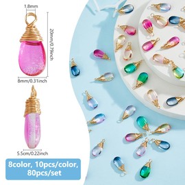 DICOSMETIC 80 Pieces 8 Colours Drop Charm Glass Drop Charm with Golden Copper Wire Wrapped Drop Beads Charm Pendant Transparent Water Drop Charm for Jewellery Making, Glass