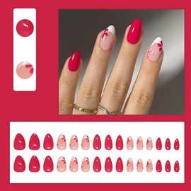 30Pcs White French Tip Fake Nails Pink Press on Nails Short Almond False Nails Small Flowers Petal Glue on Nails Cute French Nails Tip Acrylic Nails DIY Hot Pink Daisy Stick on Nails Art Kit