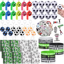 110 Pcs Soccer Party Favors Set Including Soccer Party Favor Bags Soccer Stress Balls Soccer Toy Whistle Soccer Stickers Soccer Silicone Wristbands Soccer Keychains for Soccer Birthday Party Supplies