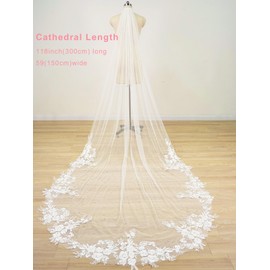 EllieWely - Velo de novia de tul suave de encaje floral con peine de metal, Blanco, Chapel Length:90inch(230cm)