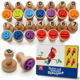 Coogam Wooden Alphabet Number Stamp Flashcard, ABC Spelling Letter Stampers and Mathematics Learning Number Stampers Arts and Crafts Supplies, Montessori Educational Toy Gifts for 3 4 5 Year Old