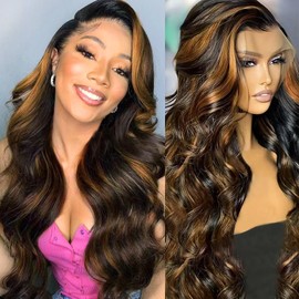 OOVVDA 30 Inch 200% Density 1b/30 Ombre Highlight Body Wave Lace Front Wig Human Hair 1b/30 Colored Honey Blonde 13x4 Lace Frontal Wig Pre Plucked Glueless Wig Human Hair for Women