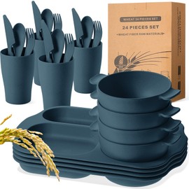 Tanlade 24 Pcs Wheat Straw Dinnerware Cutlery Sets, Divided Plates Unbreakable Bowl Microwave Dishwasher Safe Tableware Cutlery Spoon Knife Fork Cup(Dark Blue)