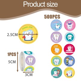 500 PCS 1 roll Dental Stickers, Cute Circular Cartoon Dentistry Stickers for Children, Suitable for Early Childhood Dental Education Encouraging Children to Cultivate Good Oral Hygiene Habits