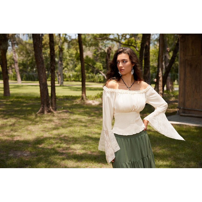 Renaissance Shirt for Women Off Shoulder Smocked Shirt Boho Lace