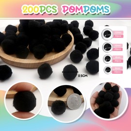 TOAOB 200pcs Black Pompoms with Googly Eyes 1 Inch Fuzzy Pom Poms Balls Arts and Crafts Supplies for DIY Crafts Decorations