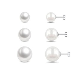 Women's 8MM 10MM 12MM High-Luster Pearl Stud Earrings Set, Flat-back Nickel Free Stainless Steel Earrings for Sensitive Ears, Ideal Gift for Women (Birthday, Anniversary, Mother's Day, Holiday) or Treat Yourself