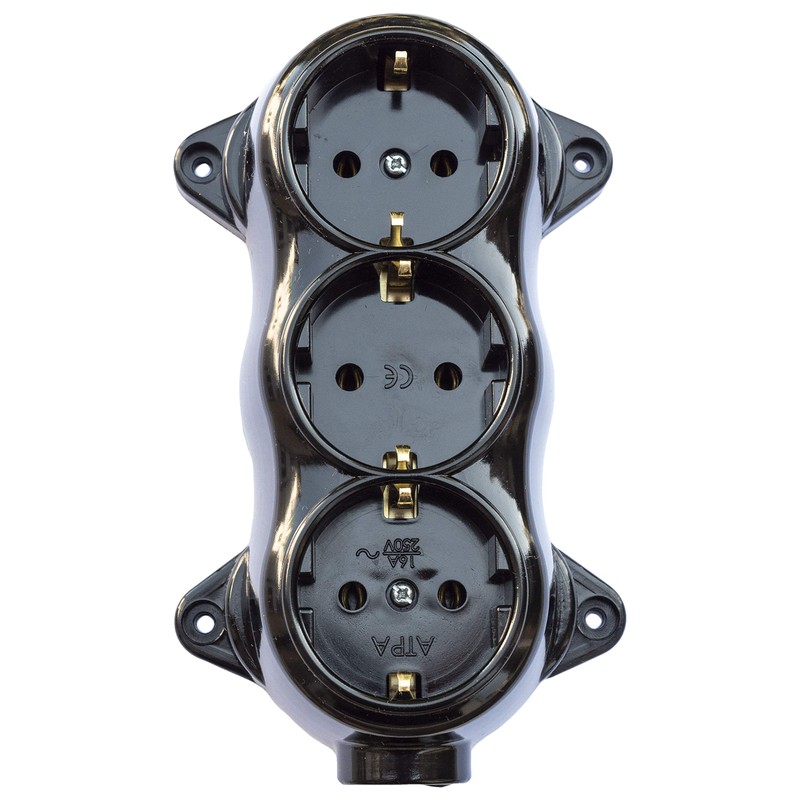 Socket fix, retro, 3-way, 16A-250V, surface-mounted, brass, thick, black, retro
