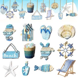 24Pcs Summer Wooden Decorations,Ocean Beach Tree Decorations Nautical Navigation Shell Fish Wooden Cutouts,Summer Hangings Home Party Decorations