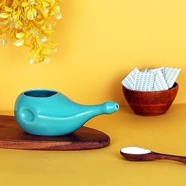Ancient Impex Ceramic Neti Pot wihtout Handle for Nasal Cleansing with 5 Sachets Neti Salt, Holds 300 Ml. (10.14 FL Oz) Capacity - Turquoise Color