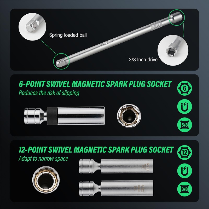 LLAVETOR 9 Piece Spark Plug W Set, 3/8" 60N.M Torque