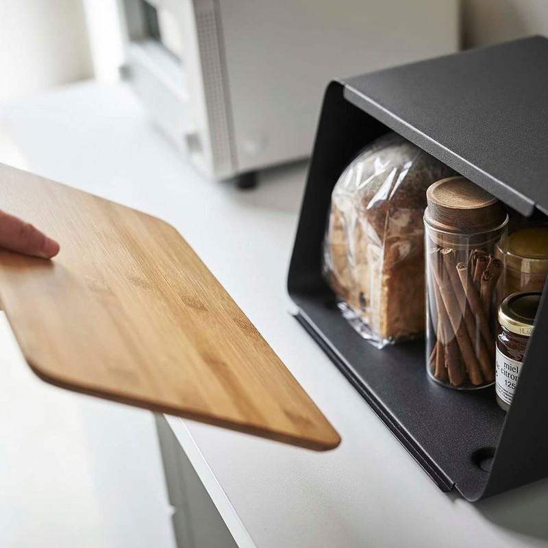 YAMAZAKI Metal Bread Box With Removable Bamboo Wooden Cutting Board