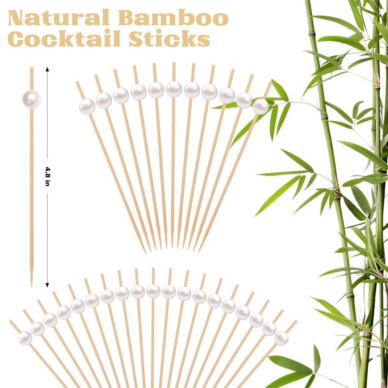 200 Pcs Pearl Cocktail Picks 4.7Inch Toothpicks Cocktail Sticks Bamboo