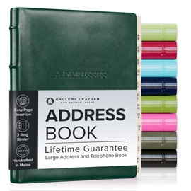 Gallery Leather Large Address Book with Alphabetical Tabs up to 480 Records, Leather Notebook Hardcover, Telephone and Address Books - 9x7", Desk Address, Acadia Green