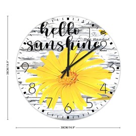 Minimalist Clock Non-Ticking Sweep Movement Hello Sunshine Sunflower Frameless Wall Clocks Home Decor for Hall Bathroom Porch 15x15 Inch