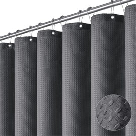 Dynamene Extra Long Shower Curtain - 96 Inch Long Waffle Weave Weighted Thick Cloth Bathroom Shower Curtain, Neutral Heavy Duty Hotel Bath Curtain Set with 12 Plastic Hooks,72x96, Charcoal Grey